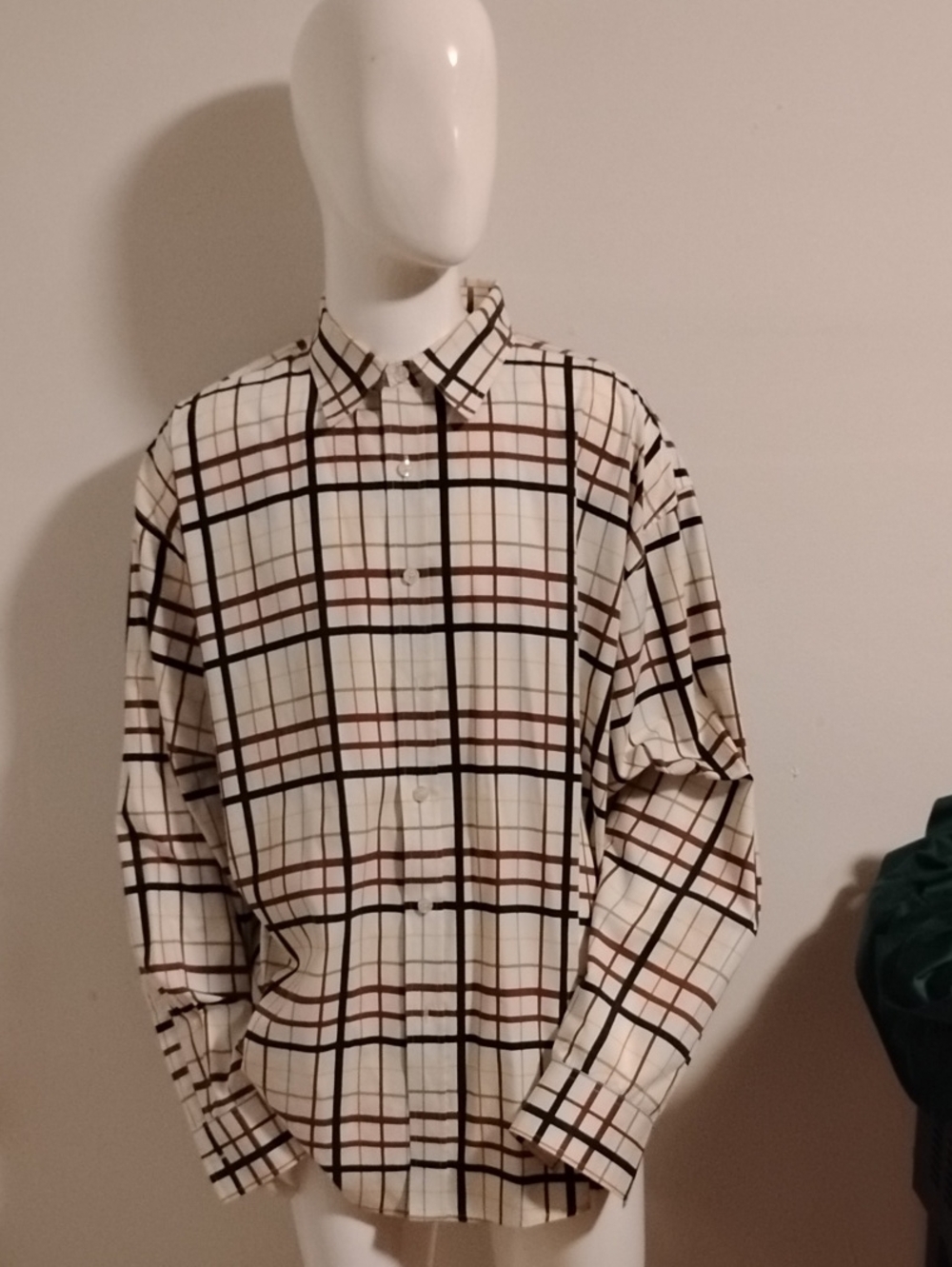 GB black label Men's Cream Plaid Button-Down Shirt with Brown and Black Check